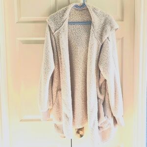 New Chicgal Fuzzy Hooded Open Front Sherpa Jacket Coat W Pockets 2XL Oatmeal